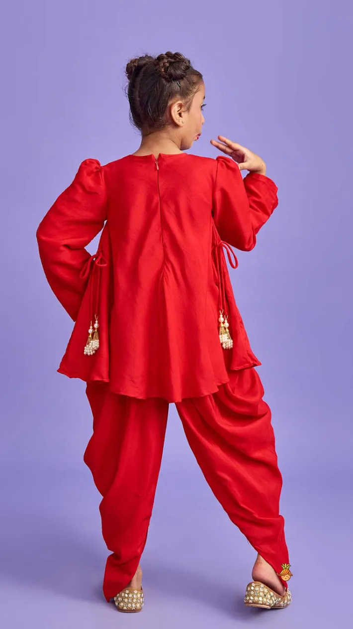 Best Embroidered Yoke Tassels Enhanced Red Kurti And Dhoti Ethnic Wear | Dhotis & Patialas