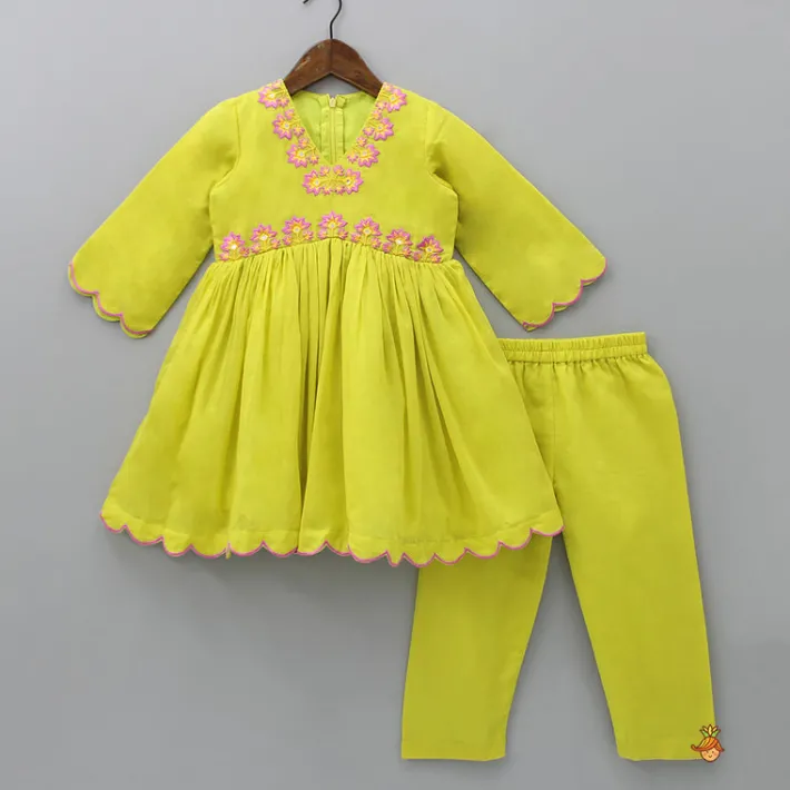 New Embroidered Yoke V Neck Scalloped Green Kurti And Pant Ethnic Wear | Churidars & Salwars