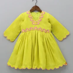 New Embroidered Yoke V Neck Scalloped Green Kurti And Pant Ethnic Wear | Churidars & Salwars