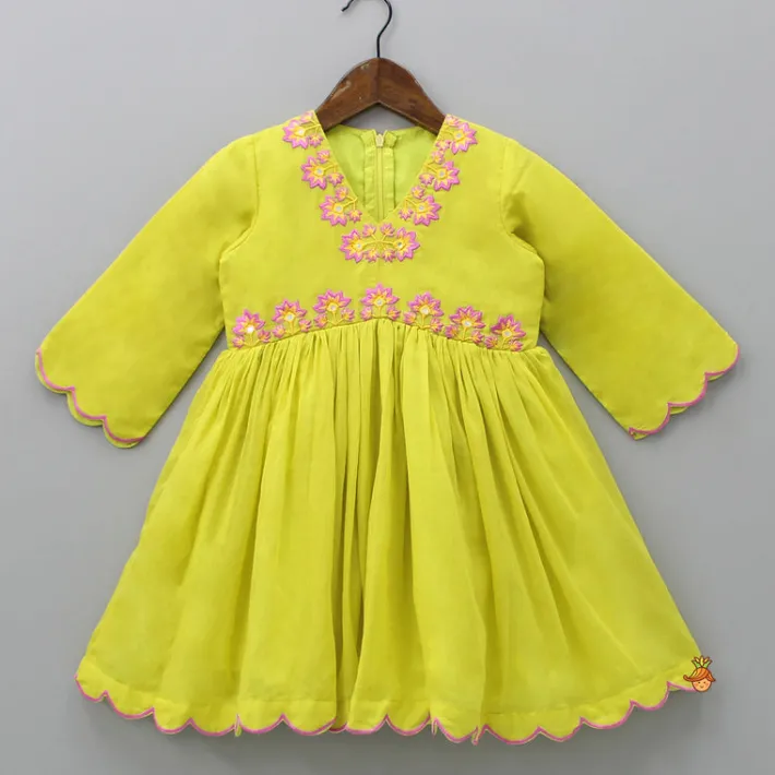 New Embroidered Yoke V Neck Scalloped Green Kurti And Pant Ethnic Wear | Churidars & Salwars
