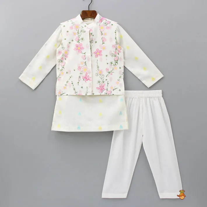 Online Ethnic Ivory Kurta And Pyjama With Floral Printed Jacket BOY Indian Ethnic Wear | Ethnic Sets