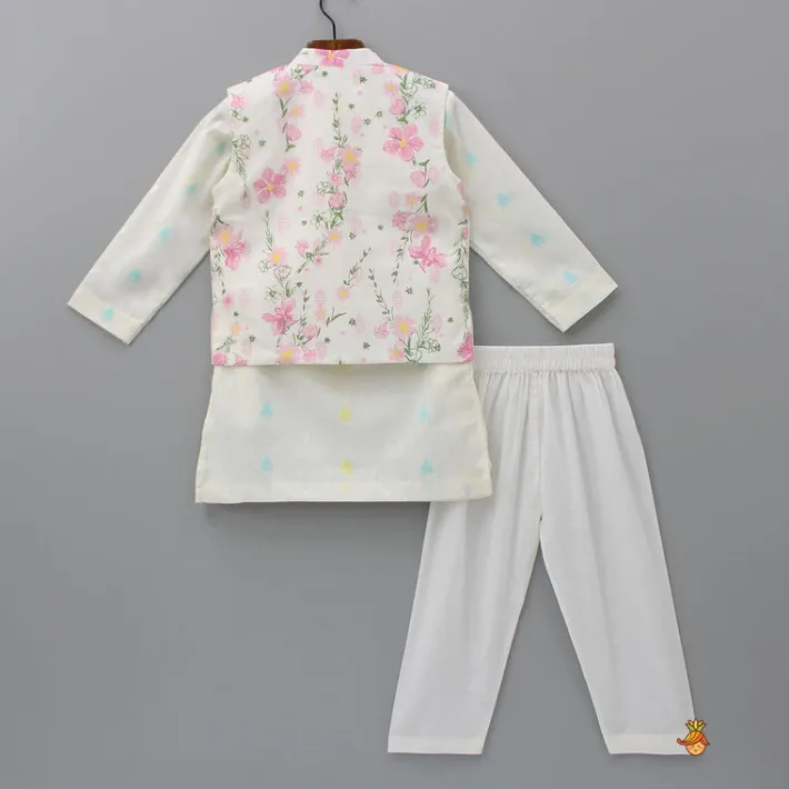 Sale Ethnic Ivory Kurta And Pyjama With Floral Printed Jacket BOY Indian Ethnic Wear | Ethnic Sets