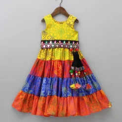 Sale Ethnic Multicolour Bandhani Printed Tiered Kurti With Waist Bag Twinning Sets | Ethnic Wear