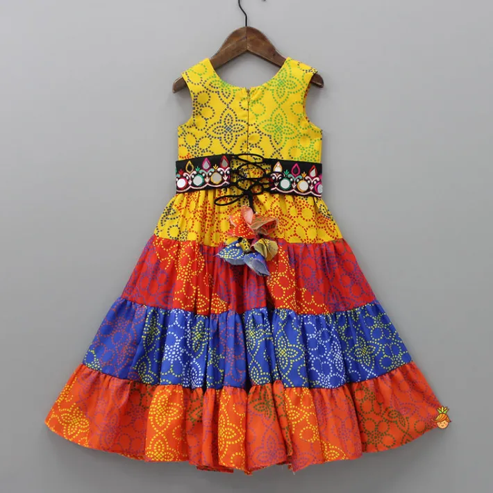 Sale Ethnic Multicolour Bandhani Printed Tiered Kurti With Waist Bag Twinning Sets | Ethnic Wear