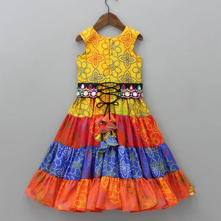 Hot Ethnic Multicolour Bandhani Printed Tiered Cotton Kurti With Waist Bag Ethnic Wear | Kurtis & Jumpsuits