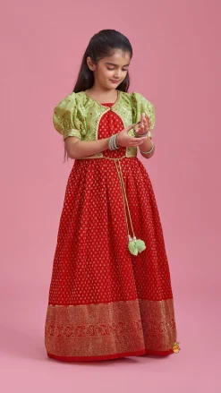 Clearance Ethnic Pleated Georgette Red Dress With Puffed Sleeves Jacket Ethnic Wear | Kurtis & Jumpsuits