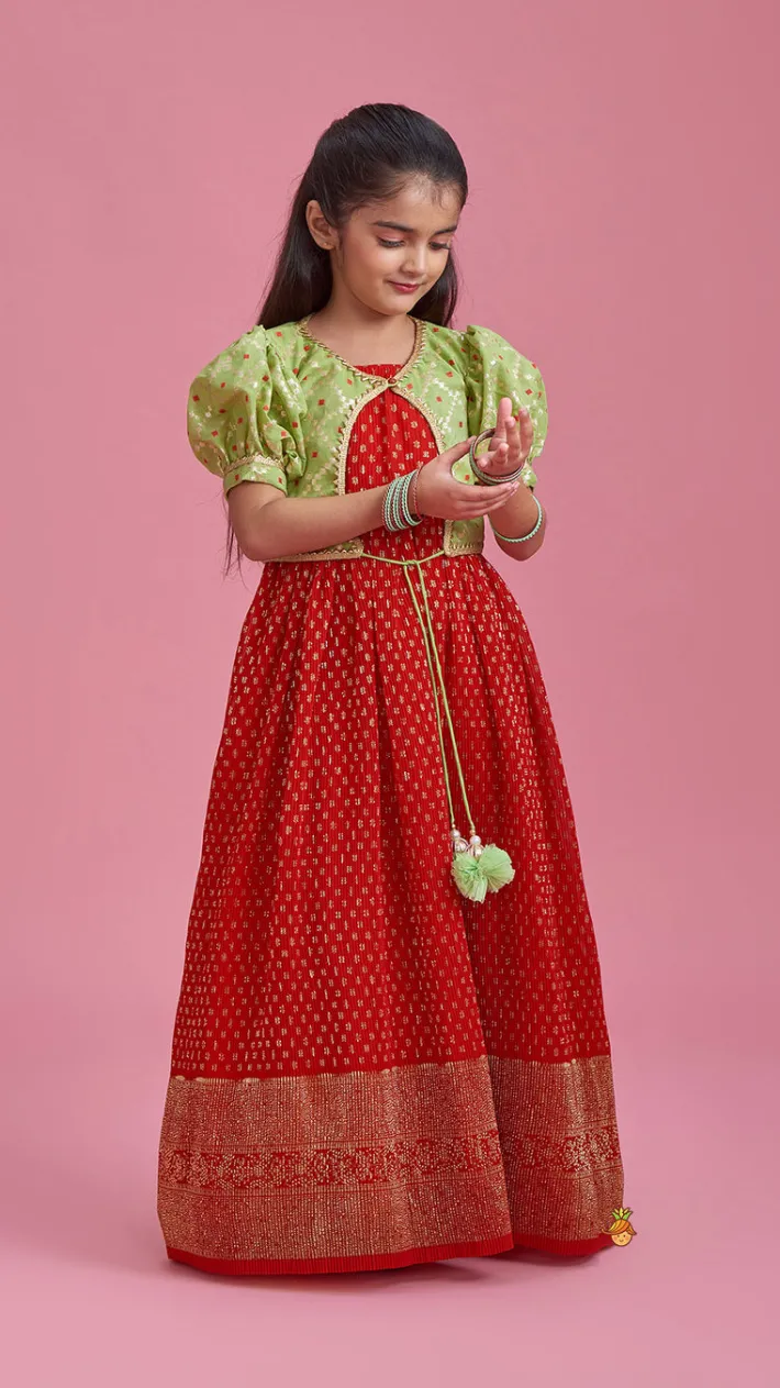 Clearance Ethnic Pleated Georgette Red Dress With Puffed Sleeves Jacket Ethnic Wear | Kurtis & Jumpsuits