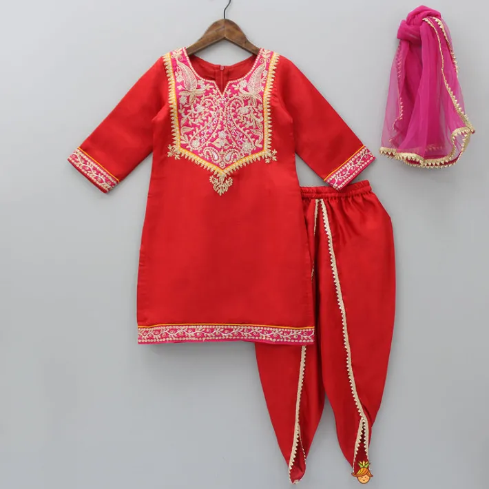 Discount Exquisite Embroidered Red Kurti And Tulip Pant With Dupatta Ethnic Wear | Dhotis & Patialas