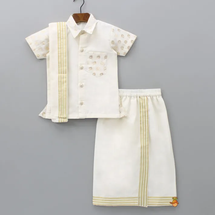 Online Exquisite Off White Shirt And Stitched Lungi With Shawl BOY Indian Ethnic Wear | Ethnic Sets