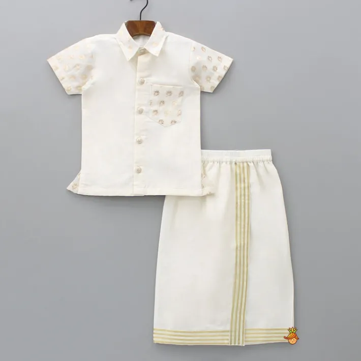 Online Exquisite Off White Shirt And Stitched Lungi With Shawl BOY Indian Ethnic Wear | Ethnic Sets