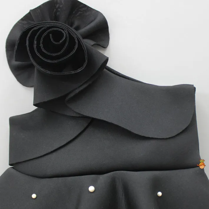 Sale Exquisite Pearls And Rose Embellished Frilly Black Scuba Dress Dresses & Sets | Dresses