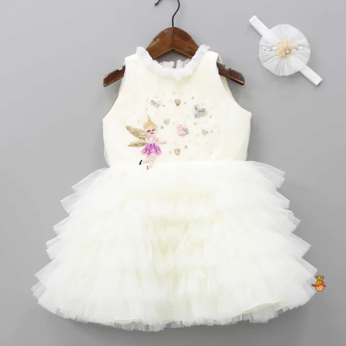 New Fairy Embroidered Yoke Off White Multi Layered Dress With Head Band Dresses & Sets | Dresses