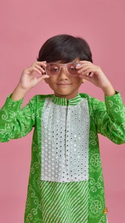 Sale Faux Mirror And Bandhani Printed Kurta And Pyjama BOY Twinning Sets | Indian Ethnic Wear