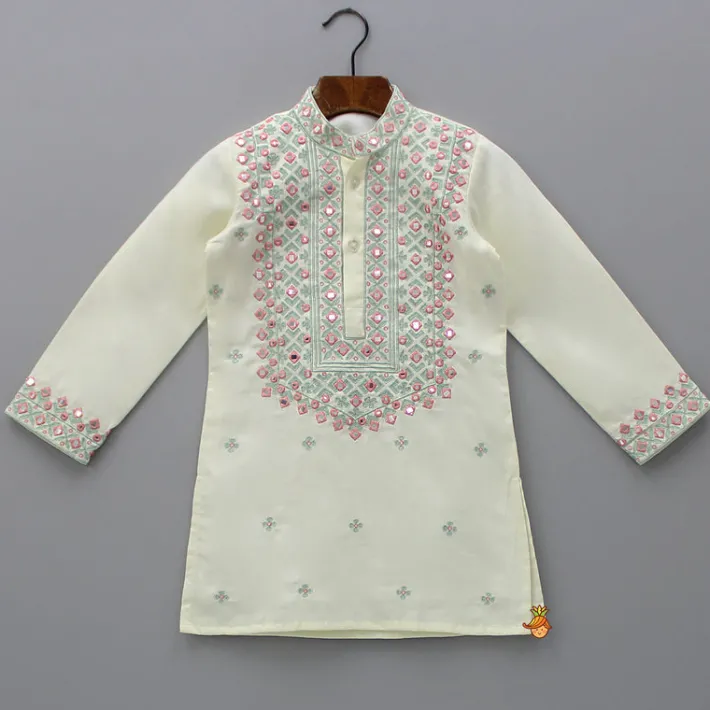 Fashion Faux Mirror Work And Thread Embroidered Kurta With Pyjama BOY Indian Ethnic Wear | Ethnic Sets