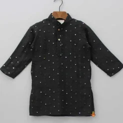 Fashion Faux Mirror Work Black Mandarin Collar Kurta And Pyjama BOY Indian Ethnic Wear | Ethnic Sets