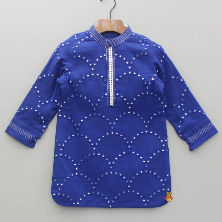Hot Faux Mirror Work Blue Curved Hem Kurta And Salwar BOY Indian Ethnic Wear | Ethnic Sets