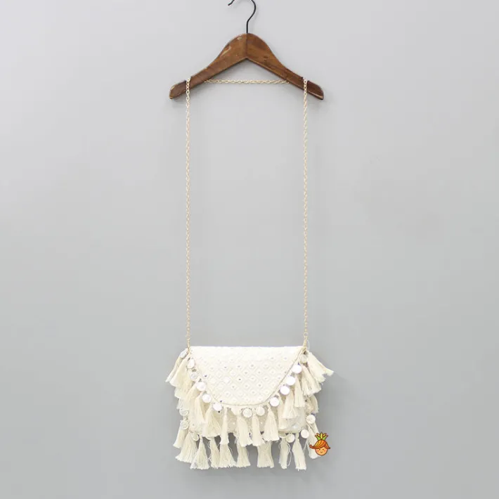 Online Faux Mirror Work Georgette Off White Sling Bag Bags
