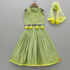 Hot Faux Mirror Work Green Top And Lehenga With Net Dupatta Ethnic Wear | Lehengas & Ghagras