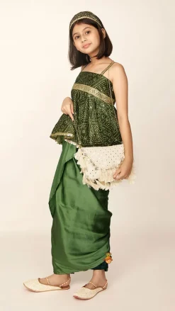 Sale Faux Mirror Work Green Top And Stylish Dhoti Skirt With Matching Hair Band Ethnic Wear | Dhotis & Patialas