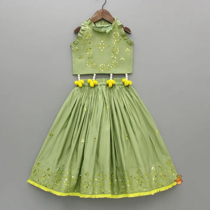 Hot Faux Mirror Work Green Top And Lehenga With Net Dupatta Ethnic Wear | Lehengas & Ghagras