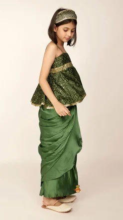 Sale Faux Mirror Work Green Top And Stylish Dhoti Skirt With Matching Hair Band Ethnic Wear | Dhotis & Patialas