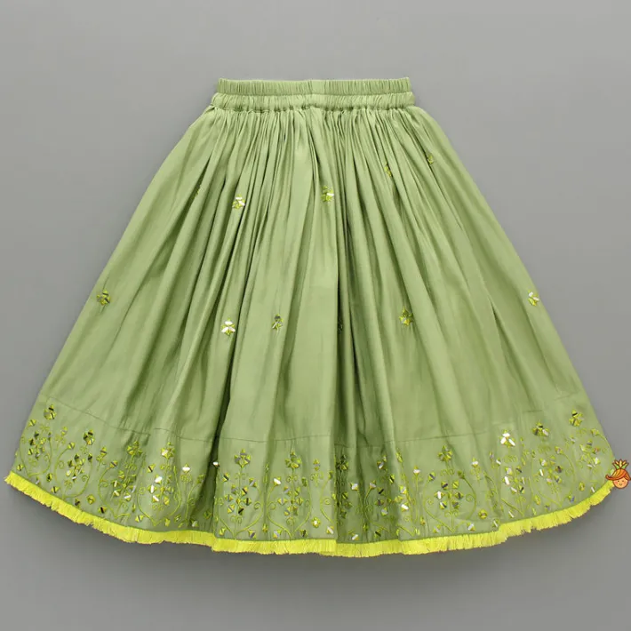 Hot Faux Mirror Work Green Top And Lehenga With Net Dupatta Ethnic Wear | Lehengas & Ghagras