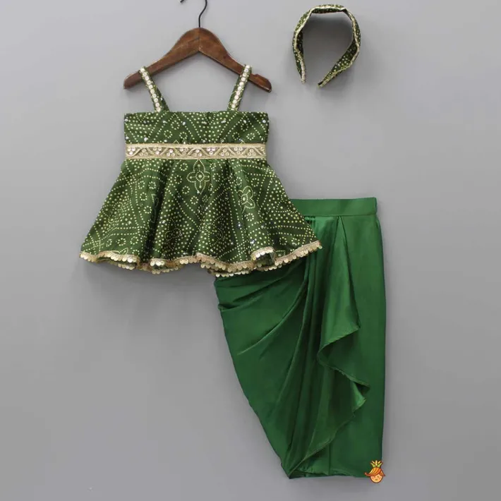 Online Faux Mirror Work Mehendi Green Top And Stylish Dhoti Skirt With Matching Hair Band Ethnic Wear | Dhotis & Patialas