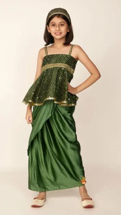 Online Faux Mirror Work Mehendi Green Top And Stylish Dhoti Skirt With Matching Hair Band Ethnic Wear | Dhotis & Patialas