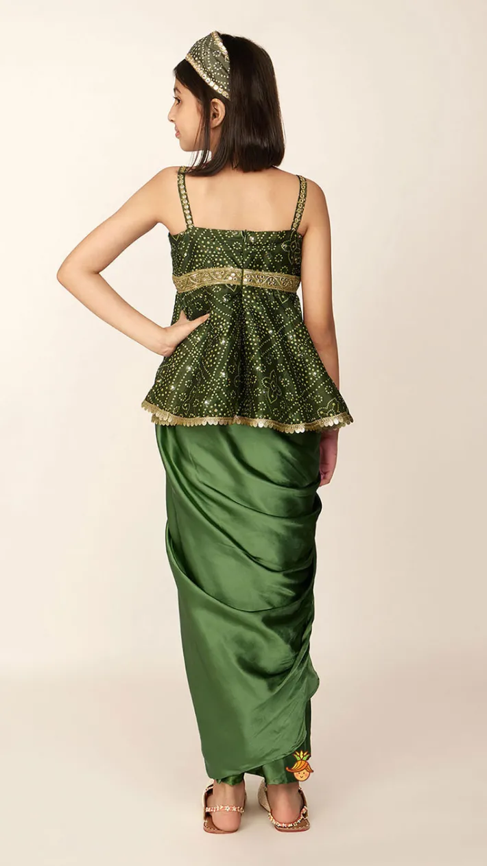 Online Faux Mirror Work Mehendi Green Top And Stylish Dhoti Skirt With Matching Hair Band Ethnic Wear | Dhotis & Patialas