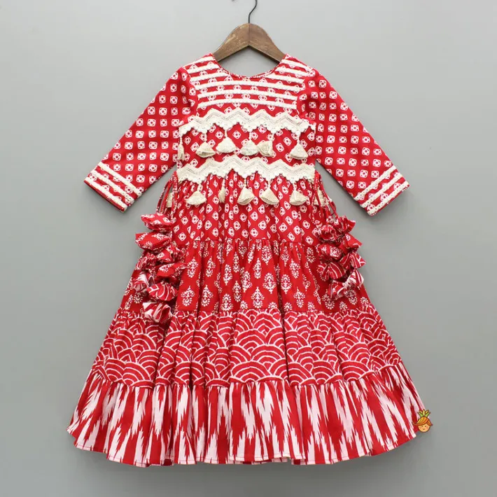 Fashion Faux Mirror Work Multi Printed Red Kurti Ethnic Wear | Kurtis & Jumpsuits