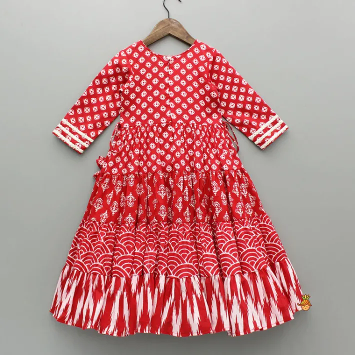 Fashion Faux Mirror Work Multi Printed Red Kurti Ethnic Wear | Kurtis & Jumpsuits