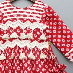 Fashion Faux Mirror Work Multi Printed Red Kurti Ethnic Wear | Kurtis & Jumpsuits