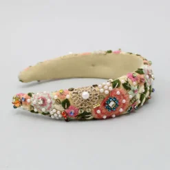 Online Flat Back Pearls And Colourful Stones Embellished Beige Hair Band Hair Accessories | Hair Bands