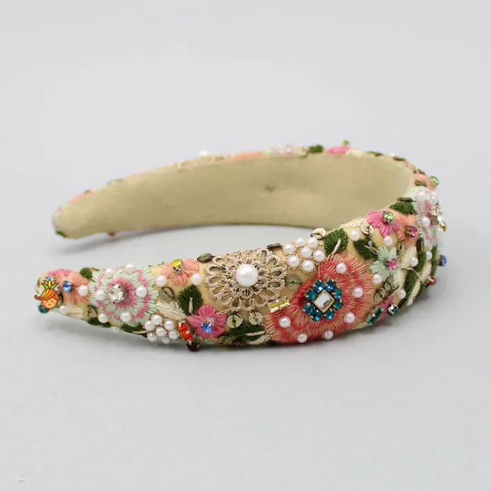Online Flat Back Pearls And Colourful Stones Embellished Beige Hair Band Hair Accessories | Hair Bands