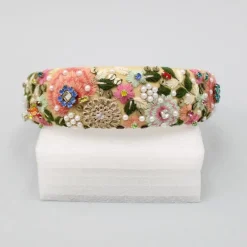 Online Flat Back Pearls And Colourful Stones Embellished Beige Hair Band Hair Accessories | Hair Bands