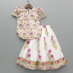 Outlet Floral Block Print Top With Lehenga And Dupatta Ethnic Wear | Lehengas & Ghagras