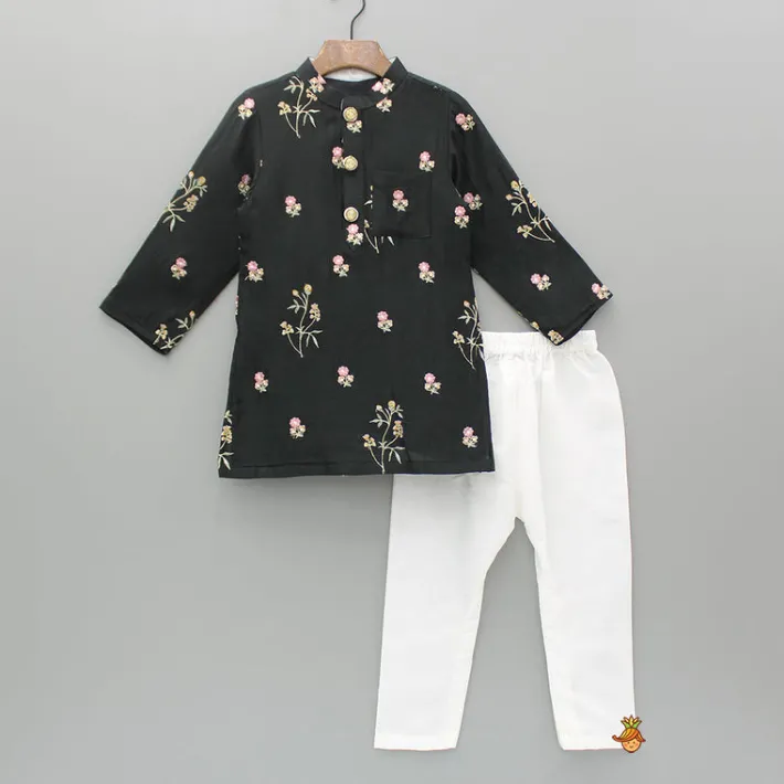 Sale Floral Embroidered Black Kurta And Pyjama BOY Indian Ethnic Wear | Ethnic Sets