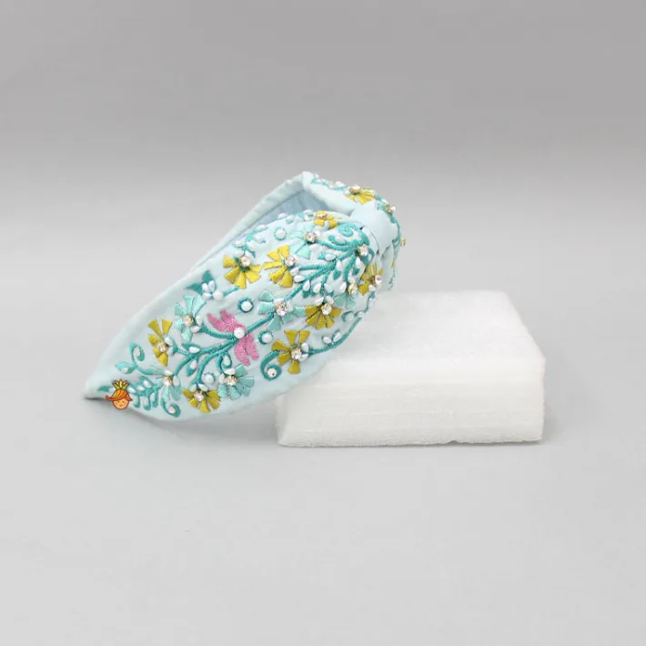 Sale Floral Embroidered Blue Hairband Hair Accessories | Hair Bands