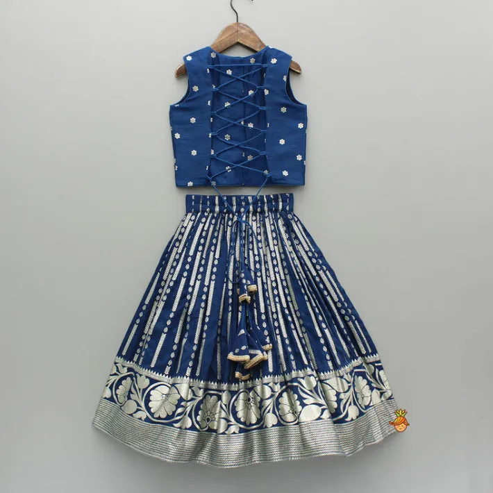 Fashion Floral Embroidered Blue Top And Lehenga With Matching Net Dupatta And Potli Bag Ethnic Wear | Lehengas & Ghagras