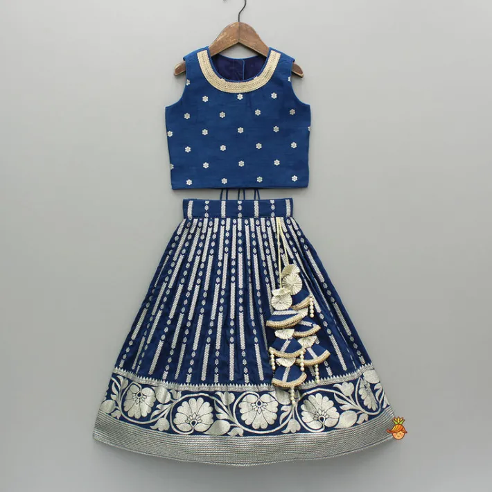Fashion Floral Embroidered Blue Top And Lehenga With Matching Net Dupatta And Potli Bag Ethnic Wear | Lehengas & Ghagras