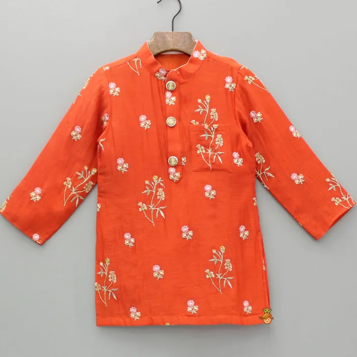Online Floral Embroidered Orange Kurta And Dhoti BOY Indian Ethnic Wear | Ethnic Sets