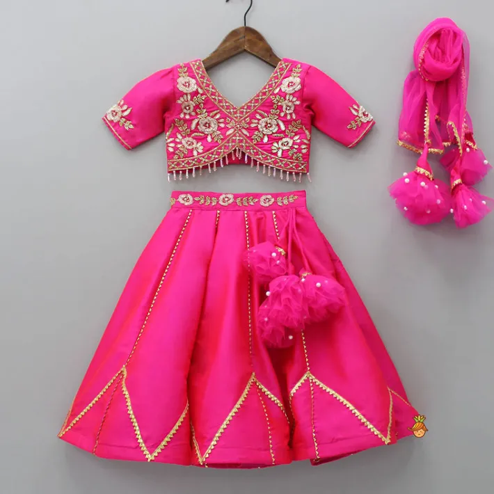 Sale Floral Embroidered Pink Top And Lehenga With Matching Net Dupatta Ethnic Wear | Lehengas & Ghagras