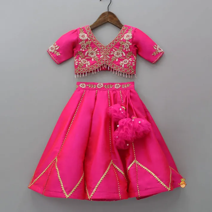 Sale Floral Embroidered Pink Top And Lehenga With Matching Net Dupatta Ethnic Wear | Lehengas & Ghagras