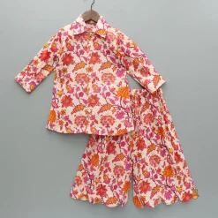 Clearance Floral Multicolour Printed Shirt Style Kurti With Jacket And Palazzo Ethnic Wear | Palazzos & Shararas
