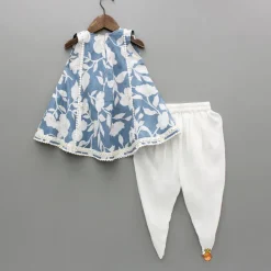 New Floral Print Blue Kurta With Dhoti Ethnic Wear | Dhotis & Patialas