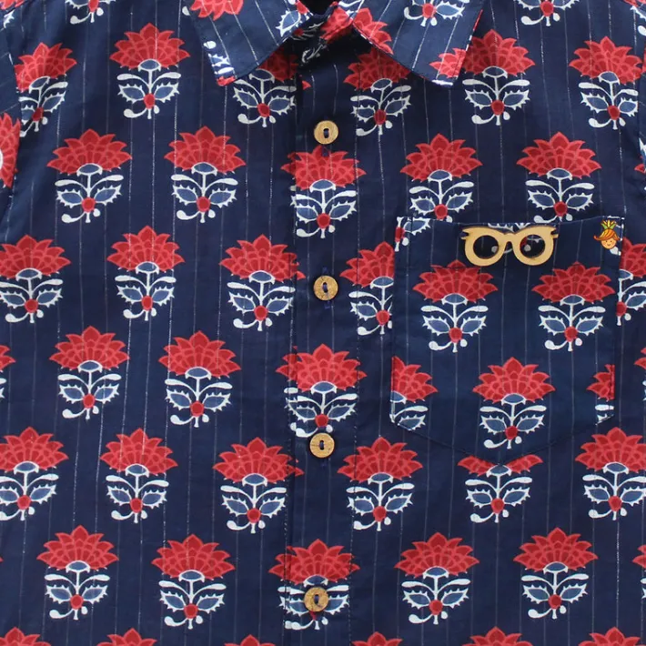 Best Floral Printed And Lurex Striped Navy Blue Shirt BOY Shirts & Tees