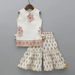 Online Floral Printed Bead Work Kurti With Sharara And Chevron Printed Dupatta Ethnic Wear | Palazzos & Shararas