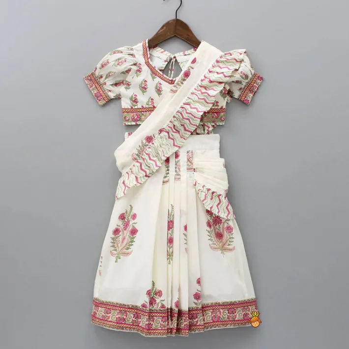 Clearance Floral Printed Crop Top and Saree Styled Lehenga With Attached Dupatta Ethnic Wear | Lehengas & Ghagras