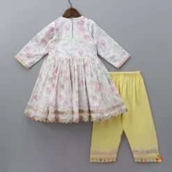 Fashion Floral Printed Flared Kurti And Yellow Salwar With Net Dupatta Twinning Sets | Ethnic Wear