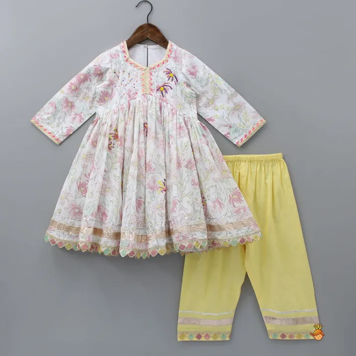 Fashion Floral Printed Flared Kurti And Yellow Salwar With Net Dupatta Twinning Sets | Ethnic Wear